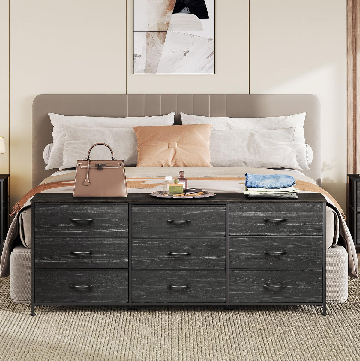 Black 9 Drawer Wood Dresser TV Stand V7775