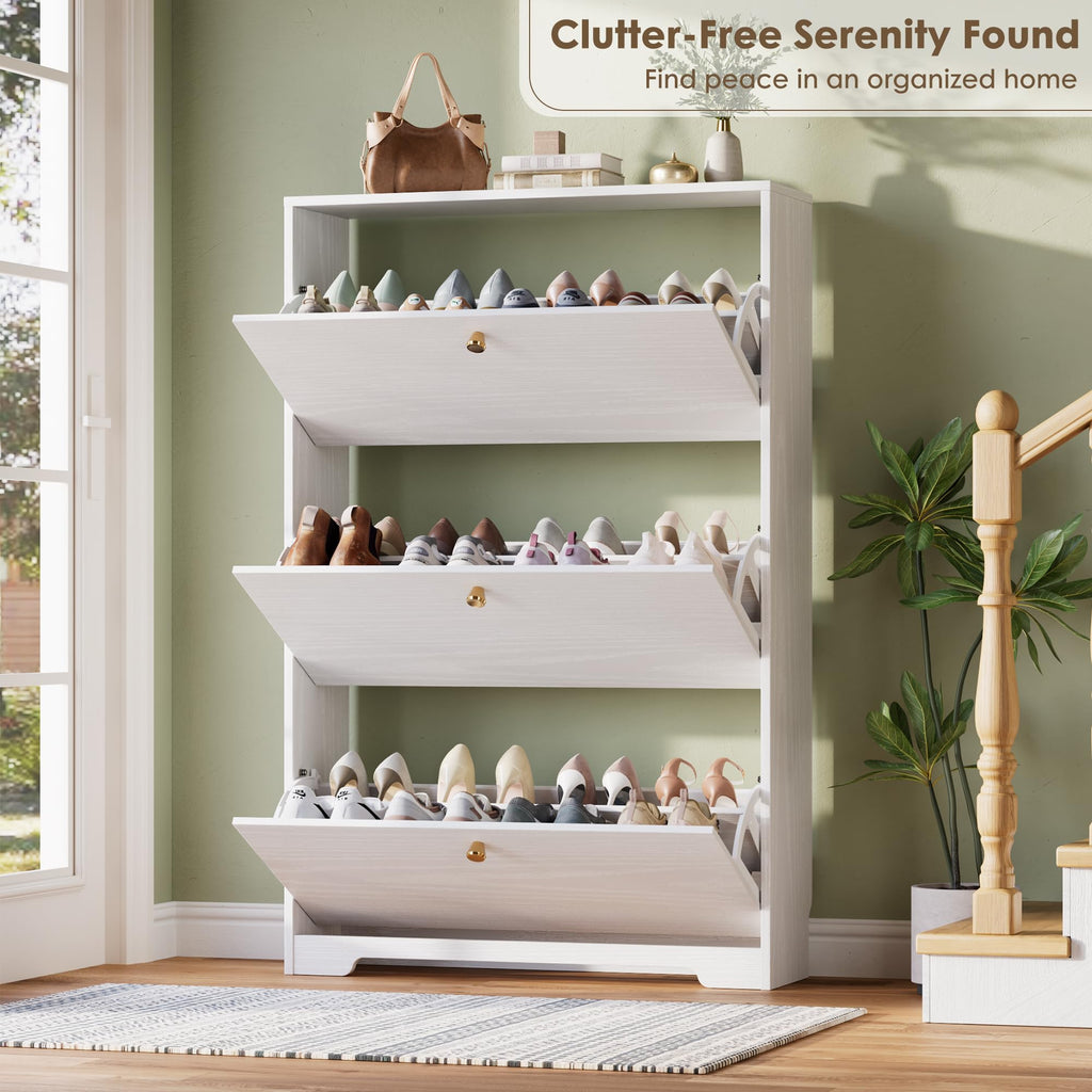 White 3 Flip Drawers Narrow Shoe Storage Cabinet K9918
