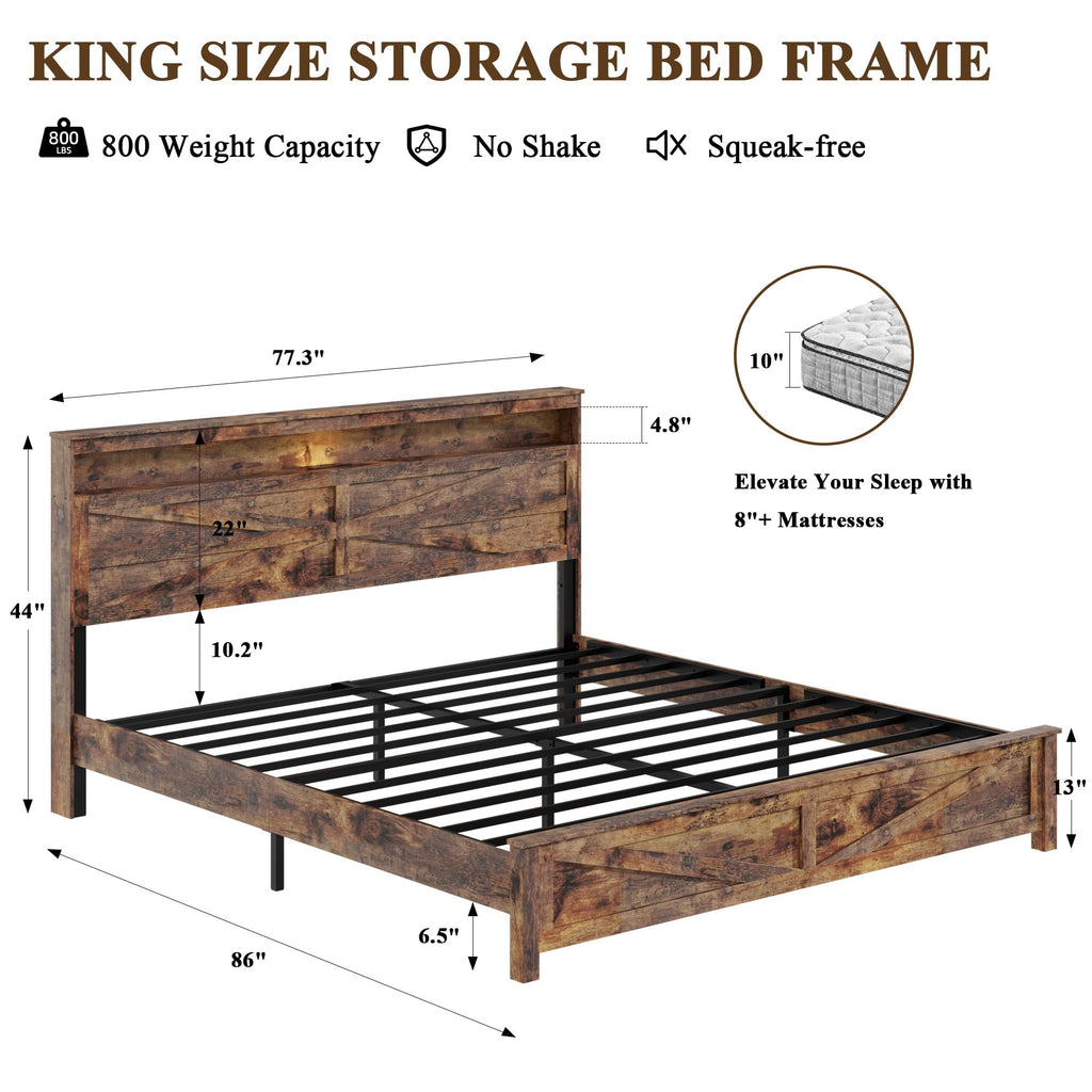 King Size Wood Platform Bed Frame with Headboard Storage Shelf N6495
