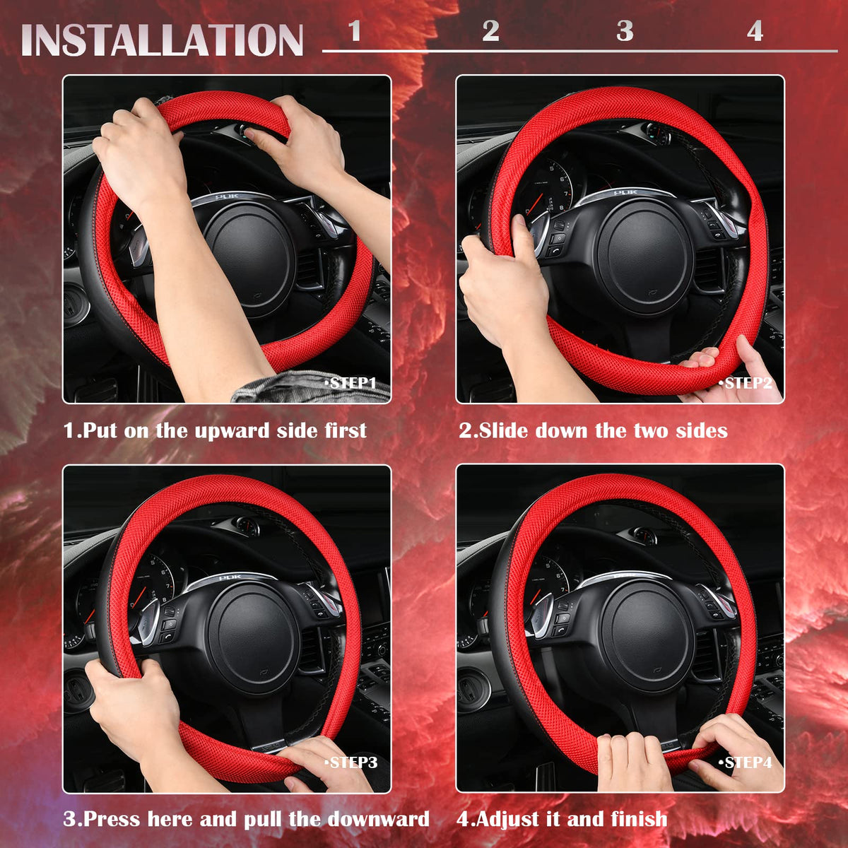3D Air Mesh Car Seat Covers Full Sets with 4Pcs Floor Mats and Steering Wheel Cover Black Red P1203