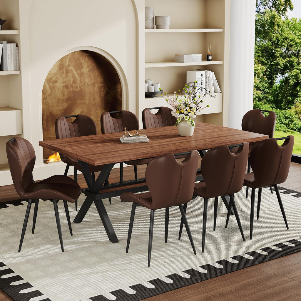 71-inch Dining Table with Chairs Set for 8, Walnut Wood Kitchen Table with Storage Shelf and Metal Legs, Brown PU Chairs Q689