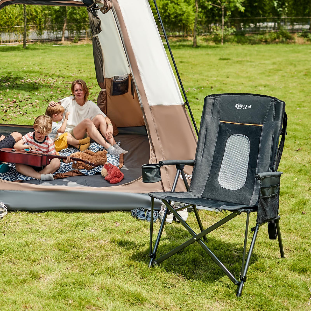 Oversized Folding Camping Chair with Cup Holder Black J90673