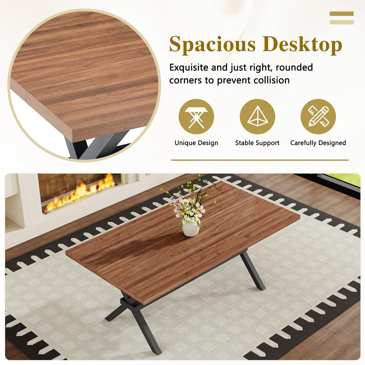 71-inch Dining Table with Chairs Set for 8, Walnut Wood Kitchen Table with Storage Shelf and Metal Legs, Brown PU Chairs Q689