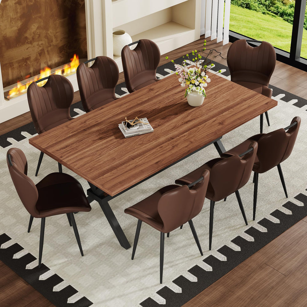 71-inch Dining Table with Chairs Set for 8, Walnut Wood Kitchen Table with Storage Shelf and Metal Legs, Brown PU Chairs Q689