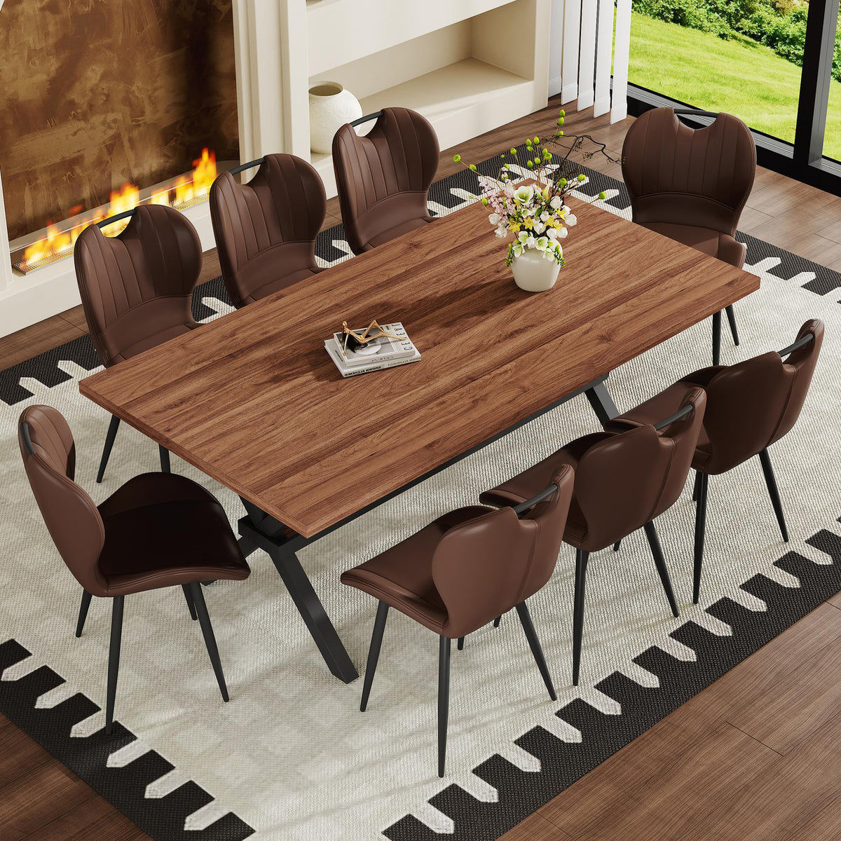 71-inch Dining Table with Chairs Set for 8, Walnut Wood Kitchen Table with Storage Shelf and Metal Legs, Brown PU Chairs Q689